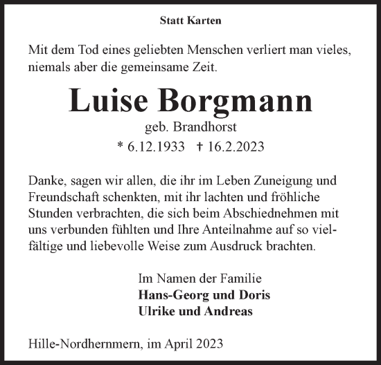 Anzeige von Luise Borgmann von Mindener Tageblatt