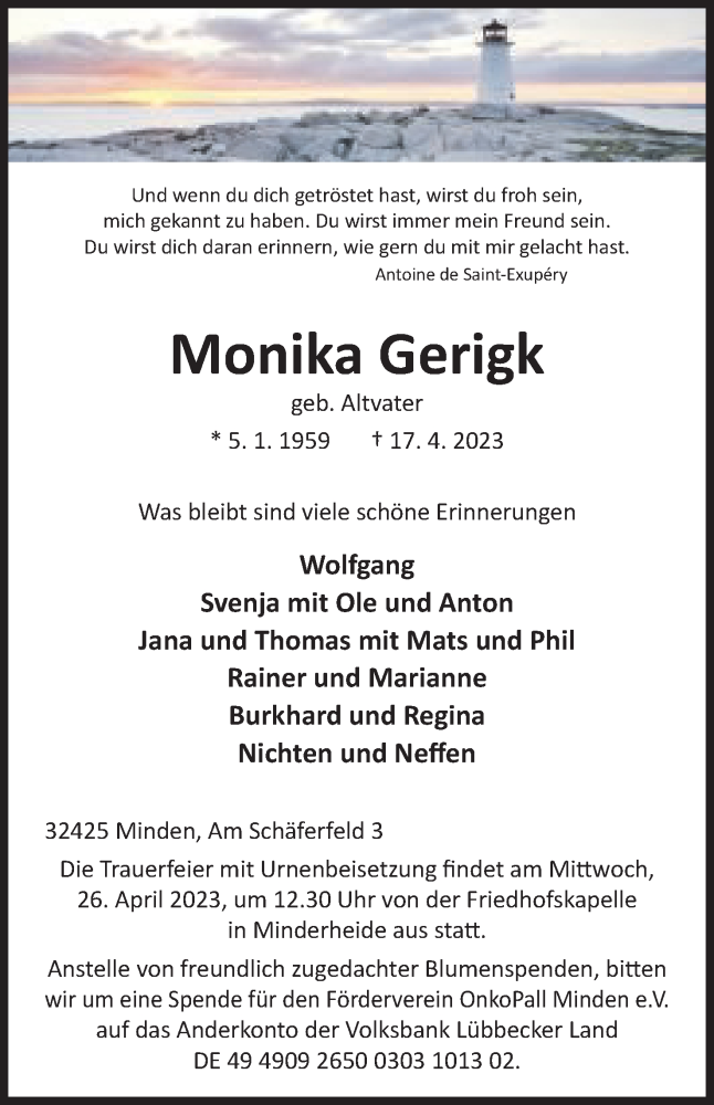  Traueranzeige für Monika Gerigk vom 22.04.2023 aus Mindener Tageblatt