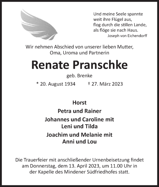 Anzeige von Renate Pranschke von Mindener Tageblatt