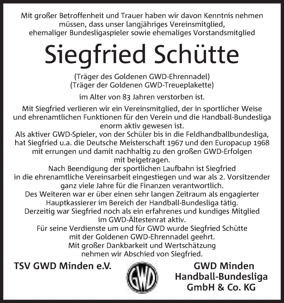  Traueranzeige für Siegfried Schütte vom 01.04.2023 aus Mindener Tageblatt