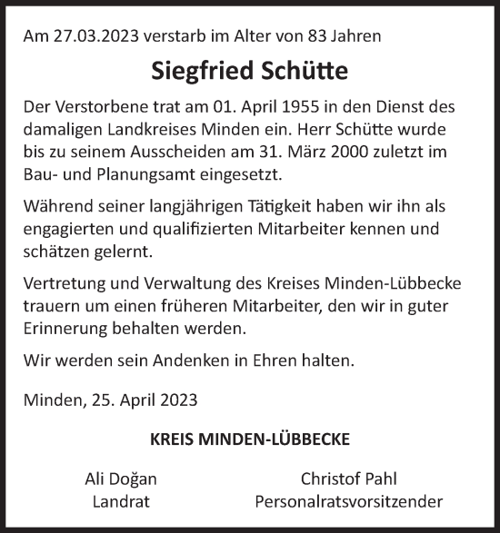 Anzeige von Siegfried Schütte von Mindener Tageblatt