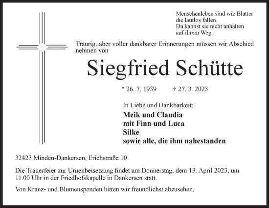 Anzeige von Siegfried Schütte von Mindener Tageblatt