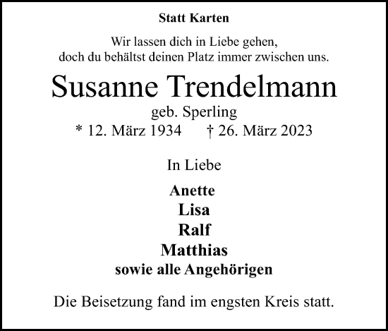 Anzeige von Susanne Trendelmann von Mindener Tageblatt