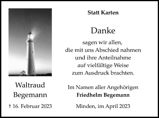 Anzeige von Waltraud Begemann von Mindener Tageblatt