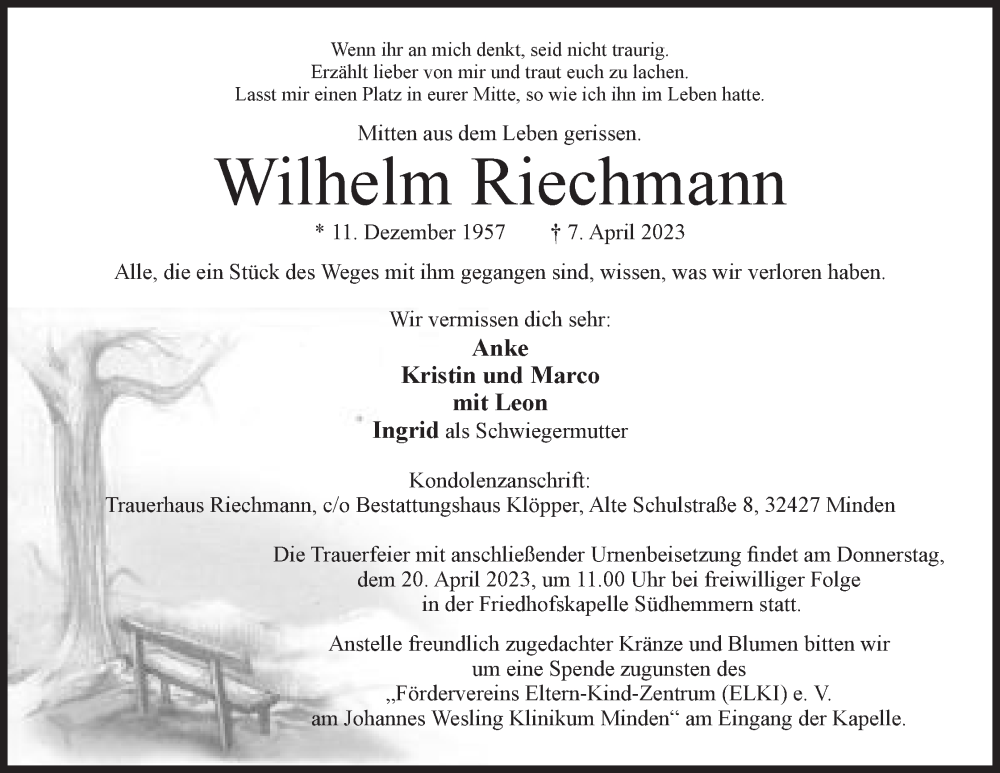  Traueranzeige für Wilhelm Riechmann vom 15.04.2023 aus Mindener Tageblatt