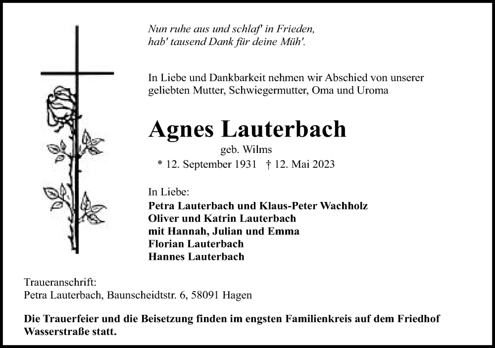  Traueranzeige für Agnes Lauterbach vom 20.05.2023 aus Mindener Tageblatt