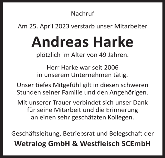 Anzeige von Andreas Harke von Mindener Tageblatt