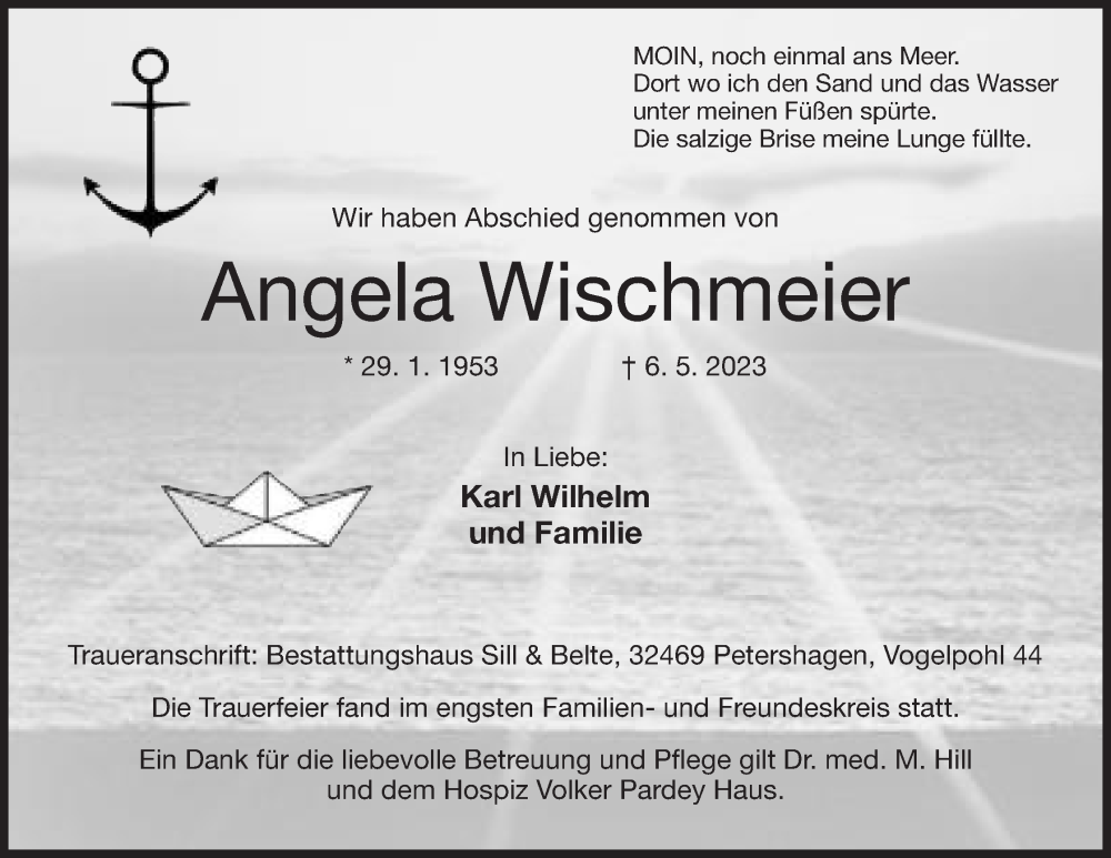  Traueranzeige für Angela Wischmeier vom 20.05.2023 aus Mindener Tageblatt