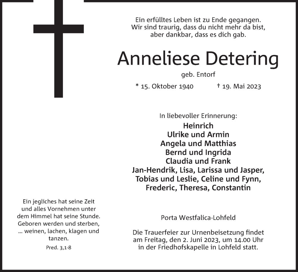  Traueranzeige für Anneliese Detering vom 27.05.2023 aus Mindener Tageblatt