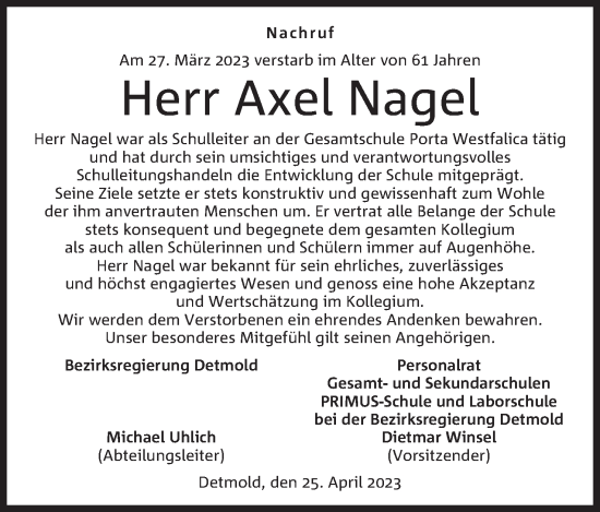 Anzeige von Axel Nagel von Mindener Tageblatt