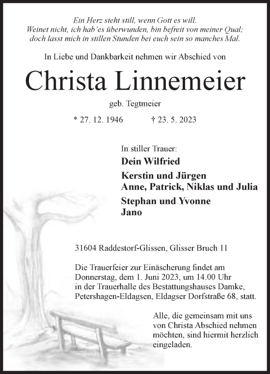 Anzeige von Christa Linnemeier von Mindener Tageblatt