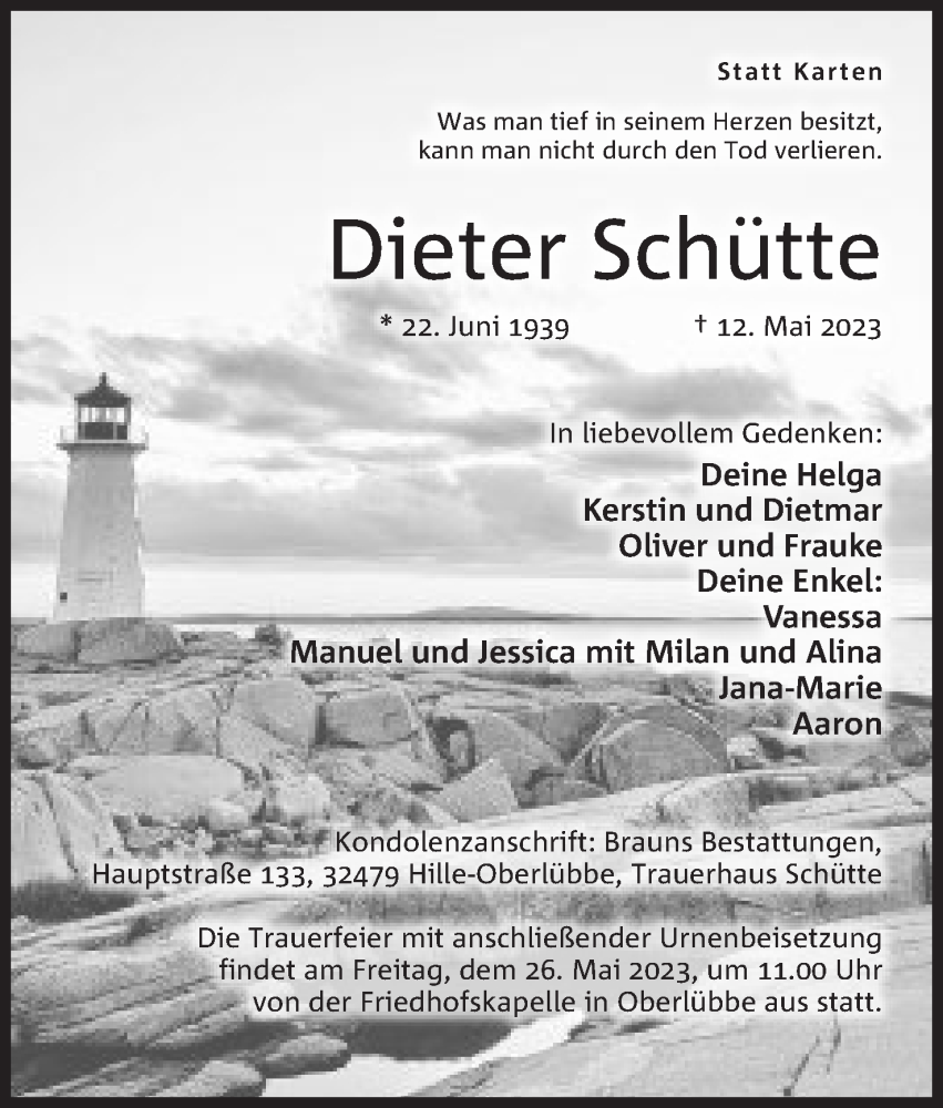  Traueranzeige für Dieter Schütte vom 20.05.2023 aus Mindener Tageblatt