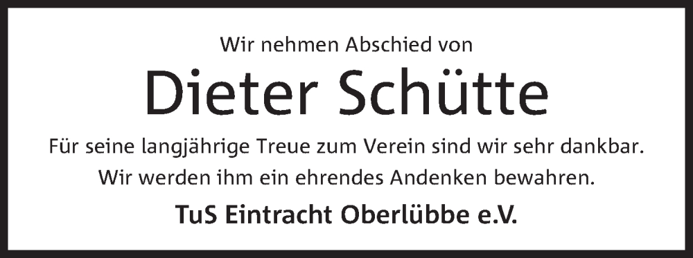  Traueranzeige für Dieter Schütte vom 27.05.2023 aus Mindener Tageblatt