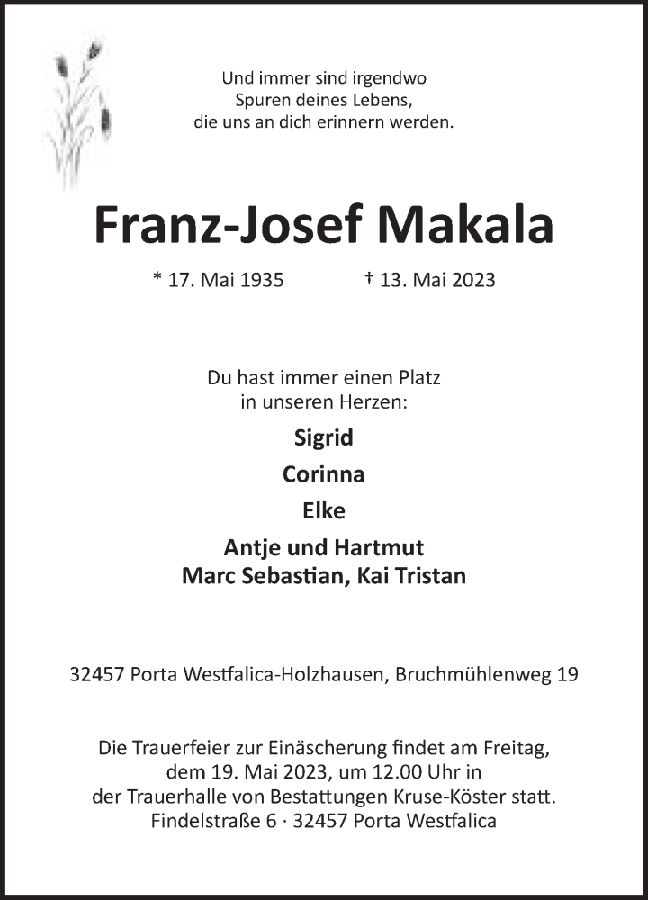  Traueranzeige für Franz-Josef Makala vom 16.05.2023 aus Mindener Tageblatt
