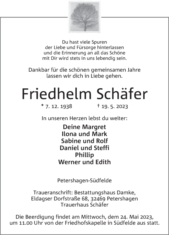  Traueranzeige für Friedhelm Schäfer vom 23.05.2023 aus Mindener Tageblatt