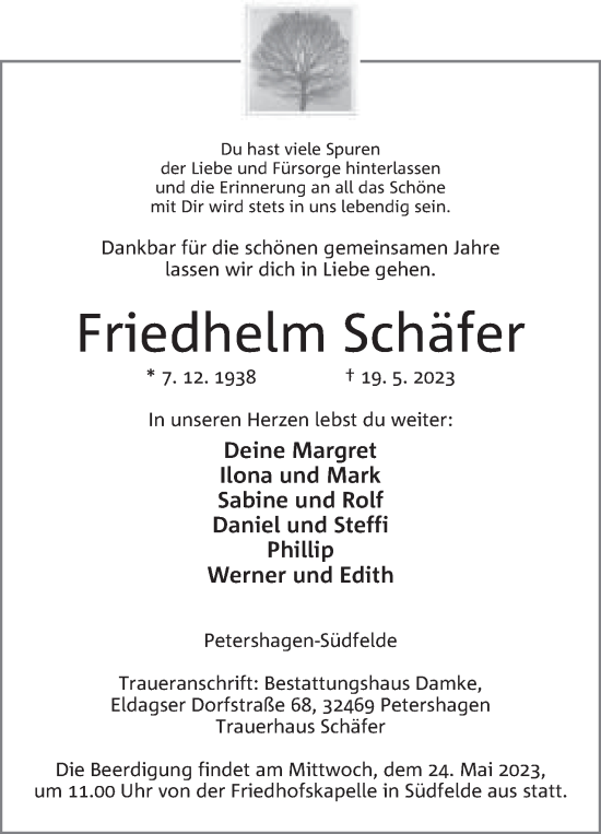 Anzeige von Friedhelm Schäfer von Mindener Tageblatt