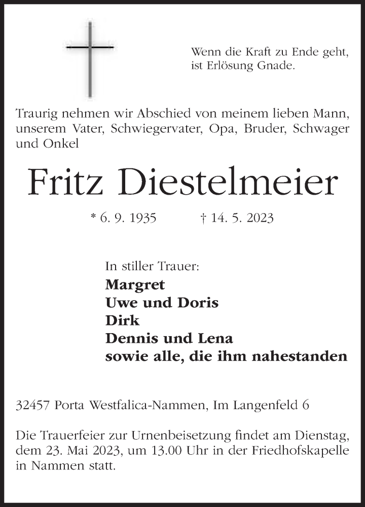  Traueranzeige für Fritz Diestelmeier vom 20.05.2023 aus Mindener Tageblatt