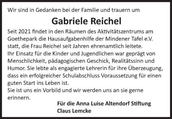 Anzeige von Gabriele Reichel von Mindener Tageblatt