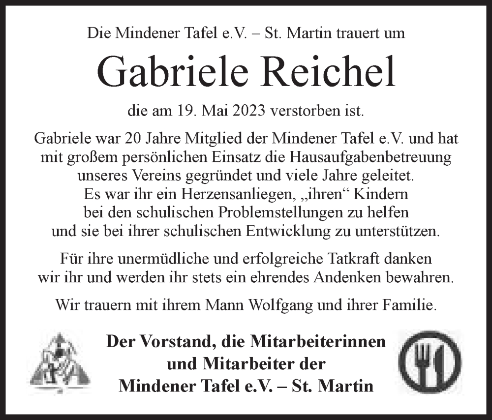  Traueranzeige für Gabriele Reichel vom 27.05.2023 aus Mindener Tageblatt