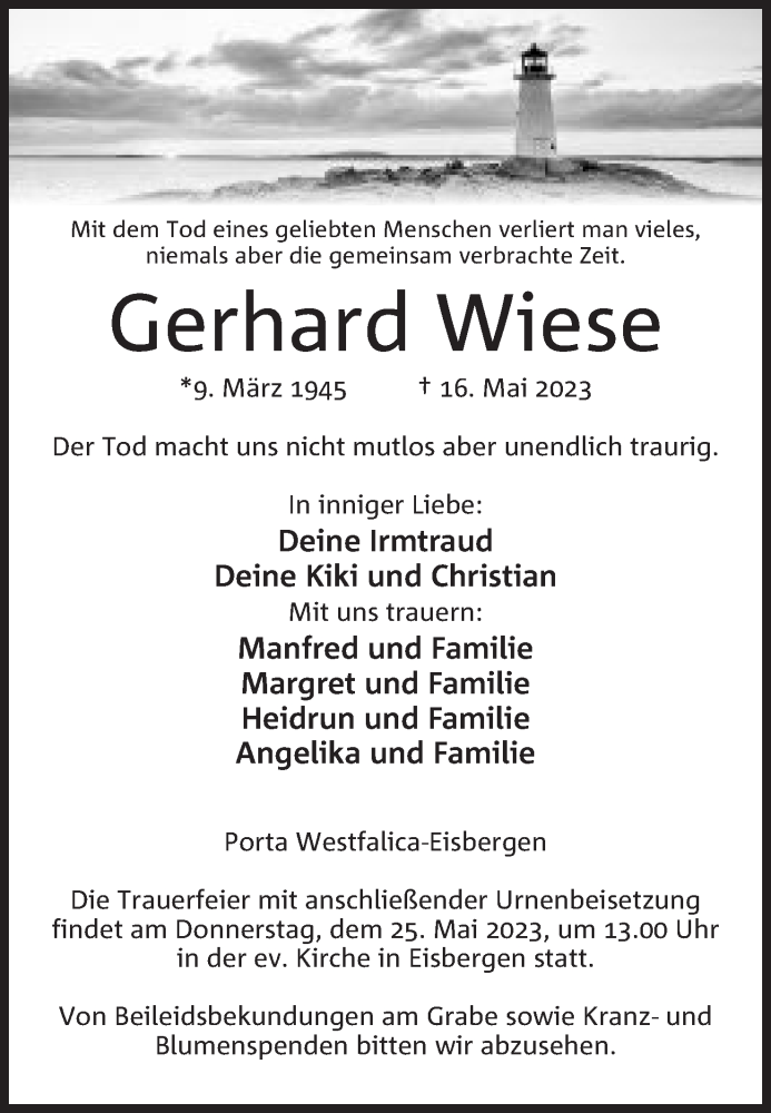  Traueranzeige für Gerhard Wiese vom 20.05.2023 aus Mindener Tageblatt