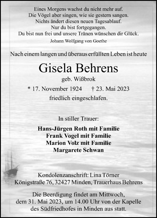 Anzeige von Gisela Behrens von Mindener Tageblatt