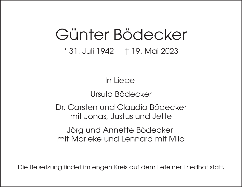  Traueranzeige für Günter Bödecker vom 27.05.2023 aus Mindener Tageblatt