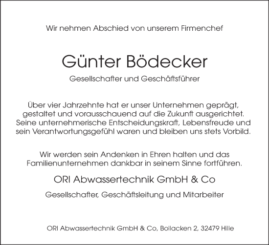 Anzeige von Günter Bödecker von Mindener Tageblatt