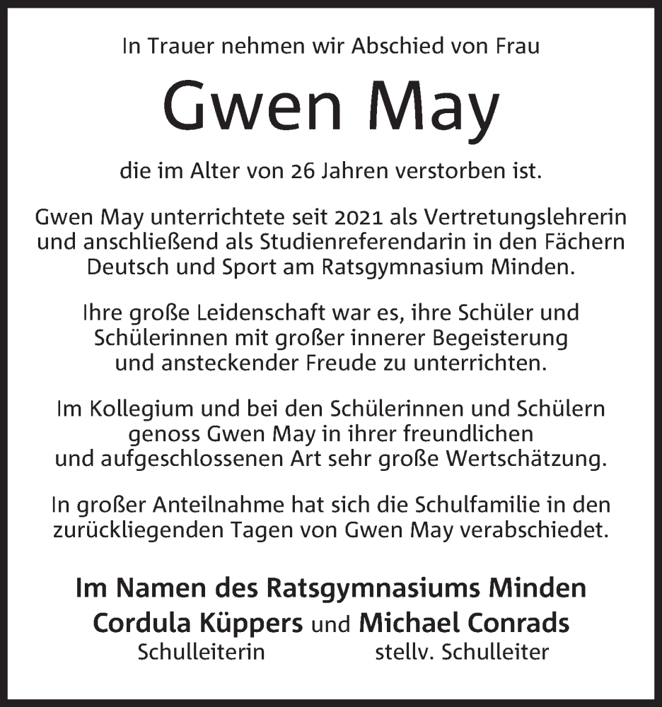  Traueranzeige für Gwen May vom 20.05.2023 aus Mindener Tageblatt