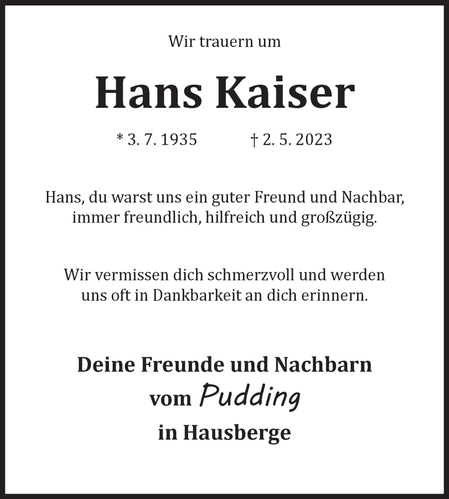  Traueranzeige für Hans Kaiser vom 13.05.2023 aus Mindener Tageblatt