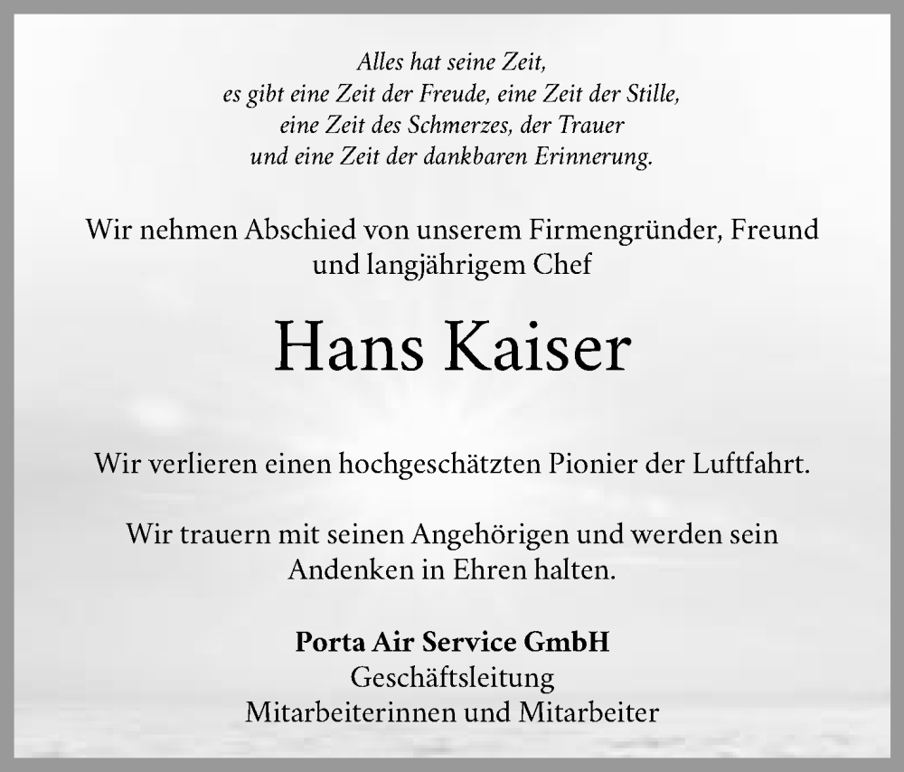  Traueranzeige für Hans Kaiser vom 13.05.2023 aus Mindener Tageblatt