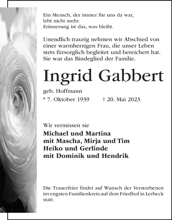 Anzeige von Ingrid Gabbert von Mindener Tageblatt