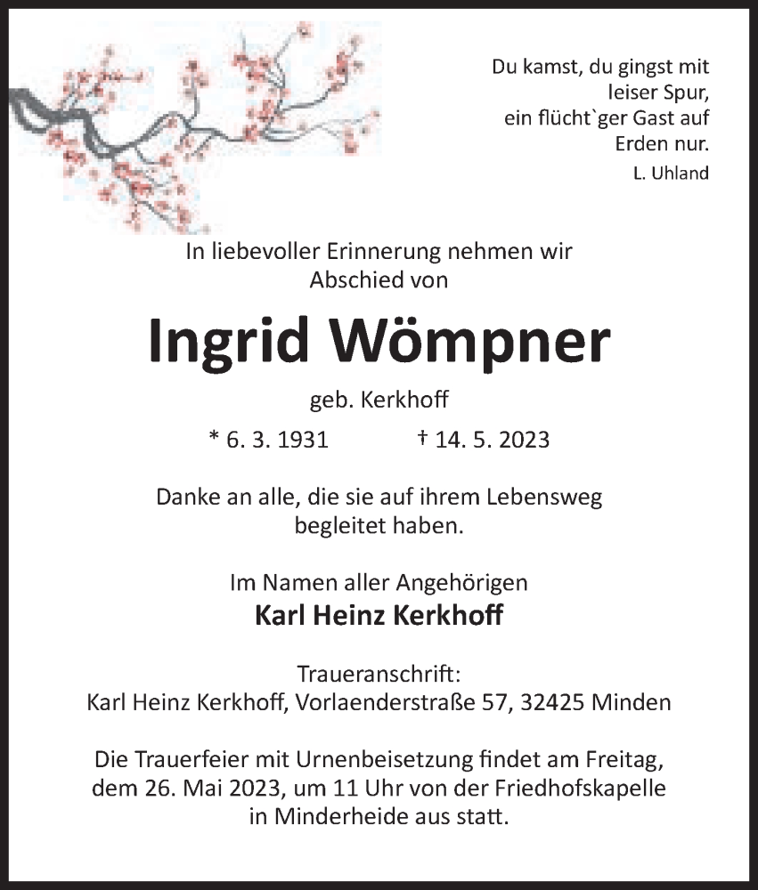  Traueranzeige für Ingrid Wömpner vom 20.05.2023 aus Mindener Tageblatt