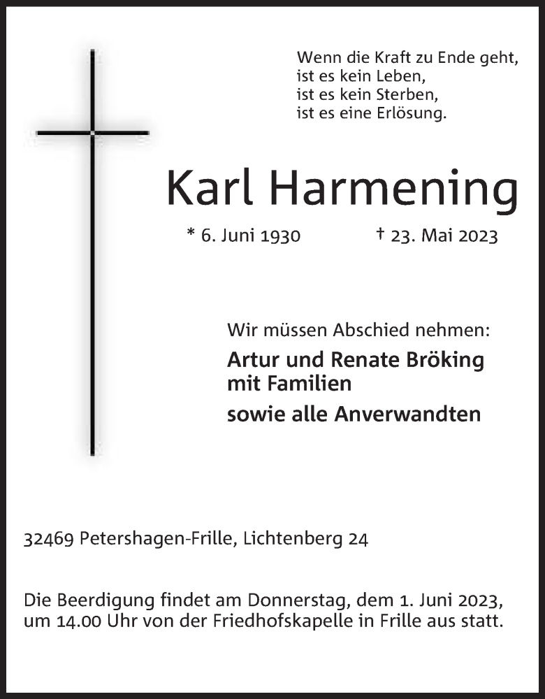  Traueranzeige für Karl Harmening vom 26.05.2023 aus Mindener Tageblatt