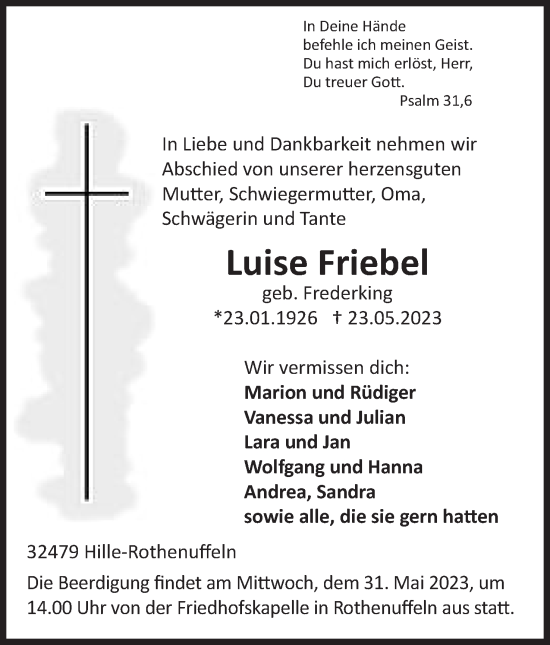 Anzeige von Luise Friebel von Mindener Tageblatt