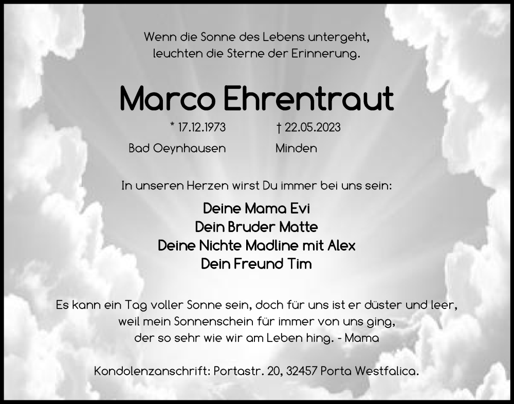  Traueranzeige für Marco Ehrentraut vom 27.05.2023 aus Mindener Tageblatt