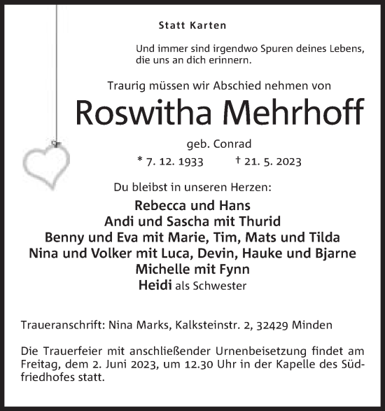 Anzeige von Roswitha Mehrhoff von Mindener Tageblatt