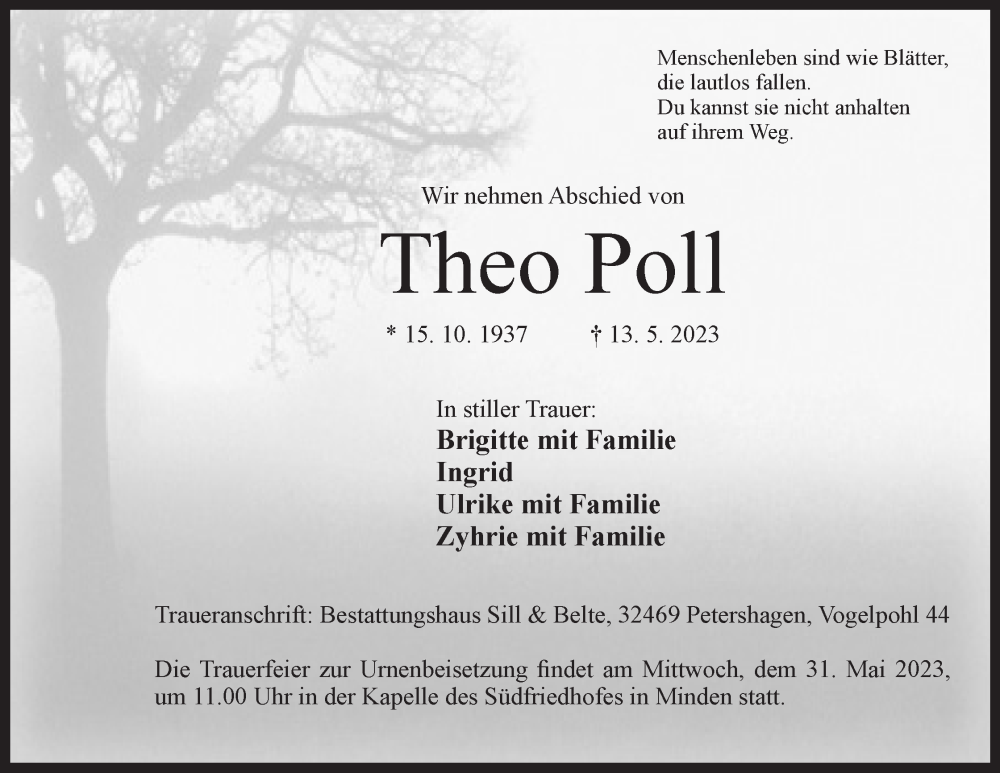  Traueranzeige für Theo Poll vom 20.05.2023 aus Mindener Tageblatt