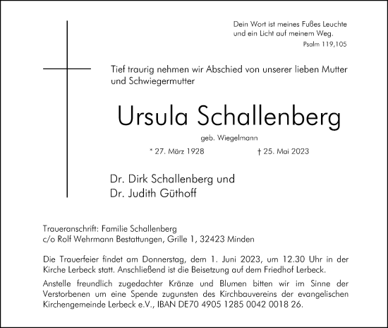 Anzeige von Ursula Schallenberg von Mindener Tageblatt