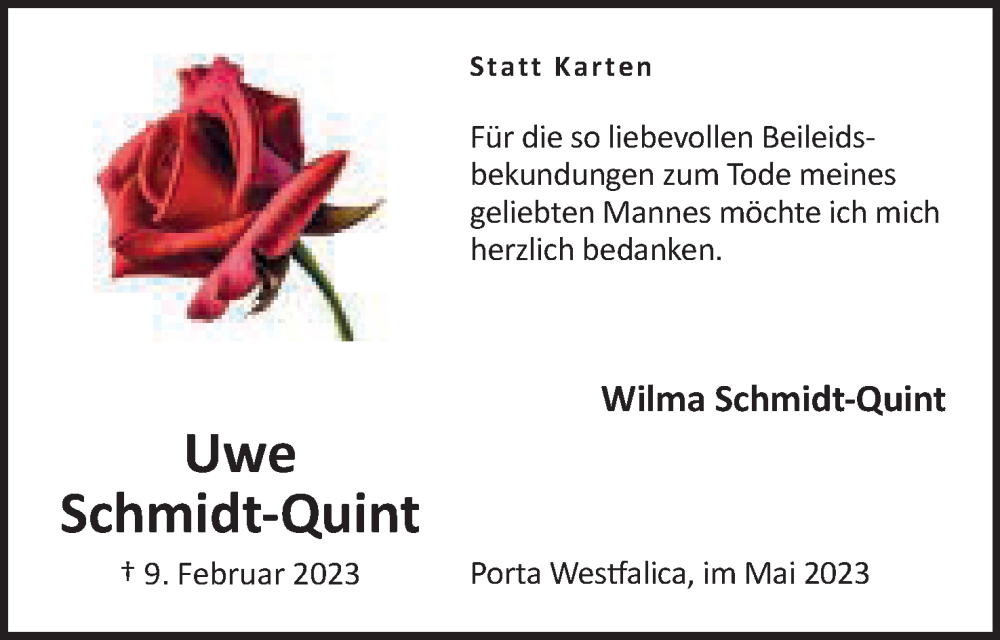 Traueranzeige für Uwe Schmidt-Quint vom 27.05.2023 aus Mindener Tageblatt