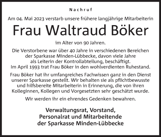 Anzeige von Waltraud Böker von Mindener Tageblatt