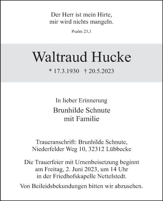 Anzeige von Waltraud Hucke von Mindener Tageblatt