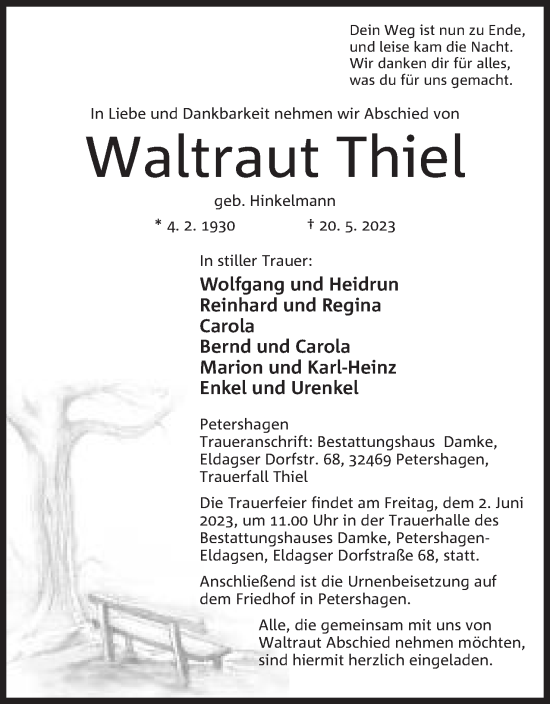 Anzeige von Waltraut Thiel von Mindener Tageblatt