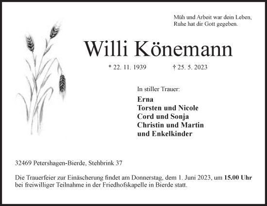 Anzeige von Willi Könemann von Mindener Tageblatt