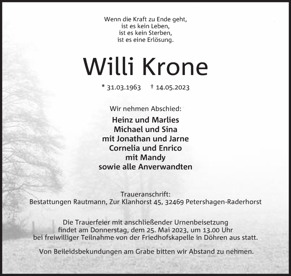  Traueranzeige für Willi Krone vom 20.05.2023 aus Mindener Tageblatt