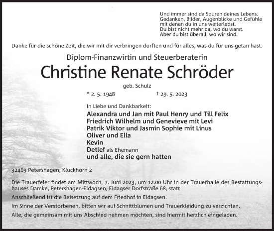 Anzeige von Christine Renate Schröder von Mindener Tageblatt