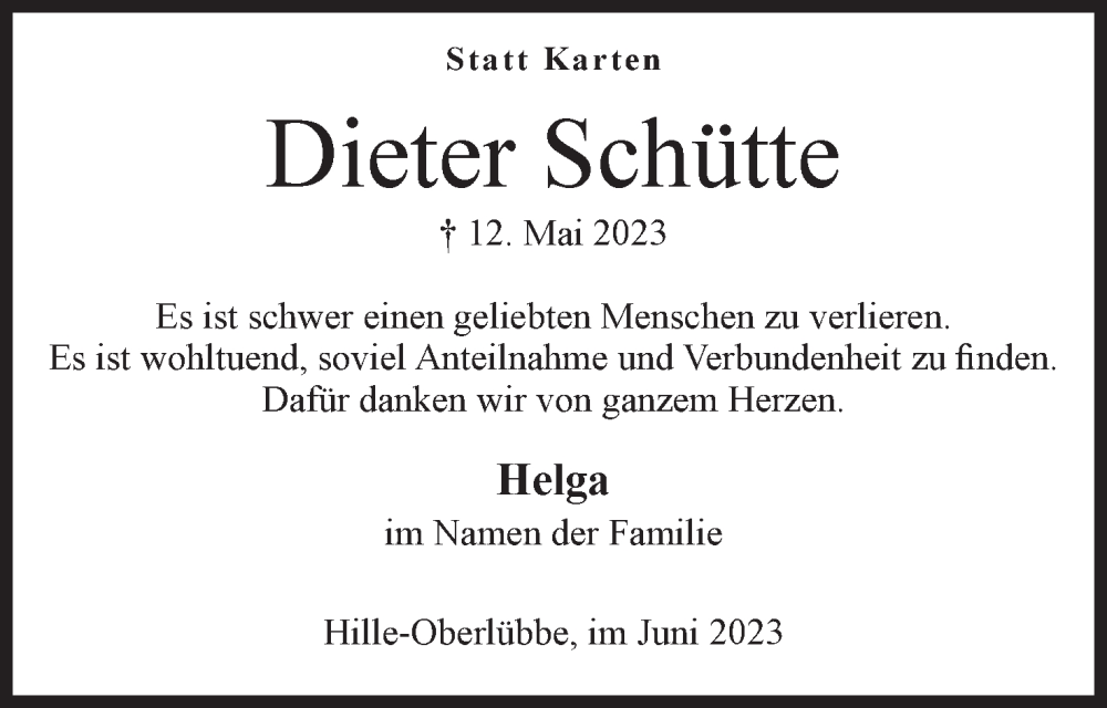  Traueranzeige für Dieter Schütte vom 17.06.2023 aus Mindener Tageblatt
