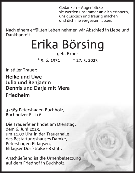 Anzeige von Erika Börsing von Mindener Tageblatt
