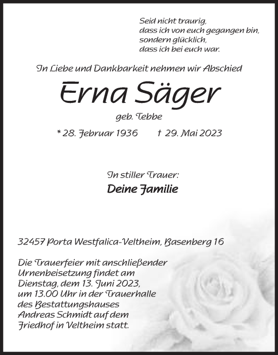Anzeige von Erna Säger von Mindener Tageblatt