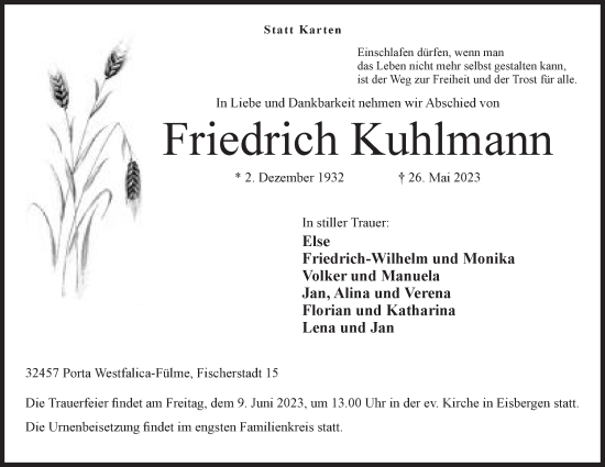 Anzeige von Friedrich Kuhlmann von Mindener Tageblatt