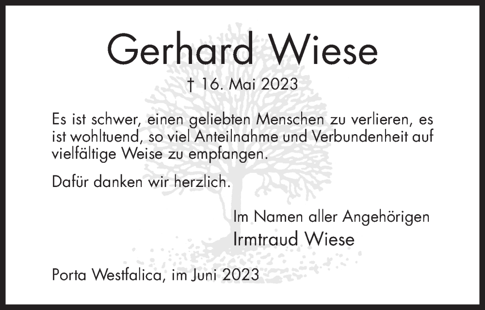  Traueranzeige für Gerhard Wiese vom 10.06.2023 aus Mindener Tageblatt